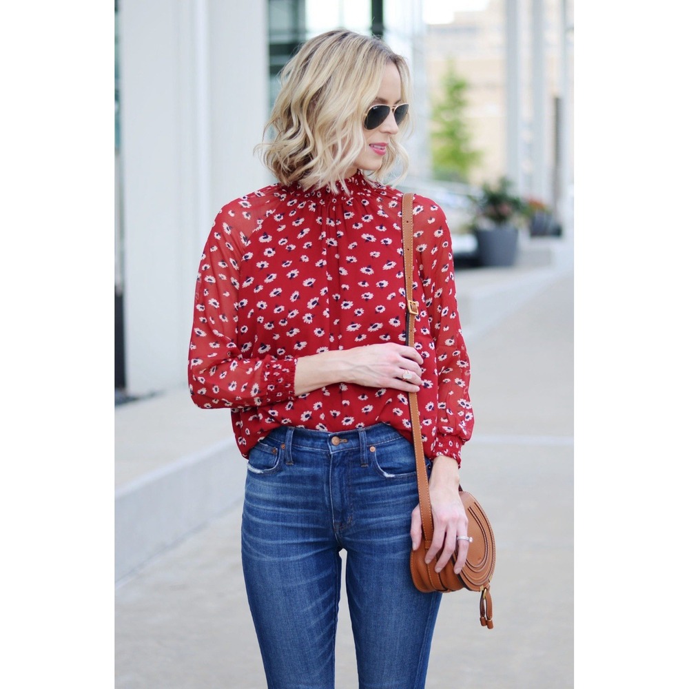 Madewell Mistlight Mock Neck Top in‎ Seattle Floral Size Large Nouveau Red